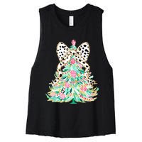 Floral Christmas Tree Leopard Coquette Bow Christmas Tree Sweat Women's Racerback Cropped Tank