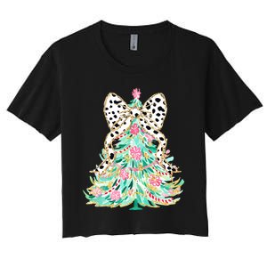 Floral Christmas Tree Leopard Coquette Bow Christmas Tree Sweat Women's Crop Top Tee