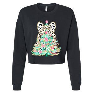 Floral Christmas Tree Leopard Coquette Bow Christmas Tree Sweat Cropped Pullover Crew