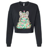 Floral Christmas Tree Leopard Coquette Bow Christmas Tree Sweat Cropped Pullover Crew