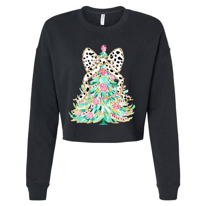 Floral Christmas Tree Leopard Coquette Bow Christmas Tree Sweat Cropped Pullover Crew