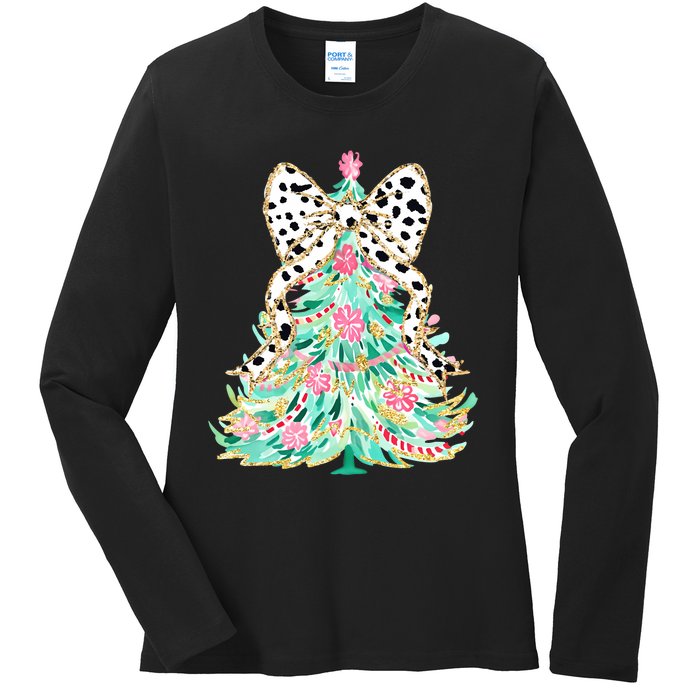 Floral Christmas Tree Leopard Coquette Bow Christmas Tree Sweat Ladies Long Sleeve Shirt