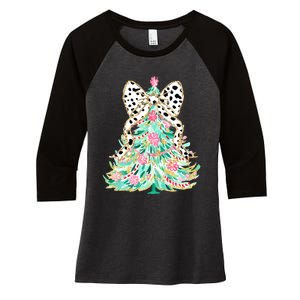 Floral Christmas Tree Leopard Coquette Bow Christmas Tree Sweat Women's Tri-Blend 3/4-Sleeve Raglan Shirt