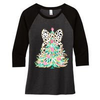 Floral Christmas Tree Leopard Coquette Bow Christmas Tree Sweat Women's Tri-Blend 3/4-Sleeve Raglan Shirt