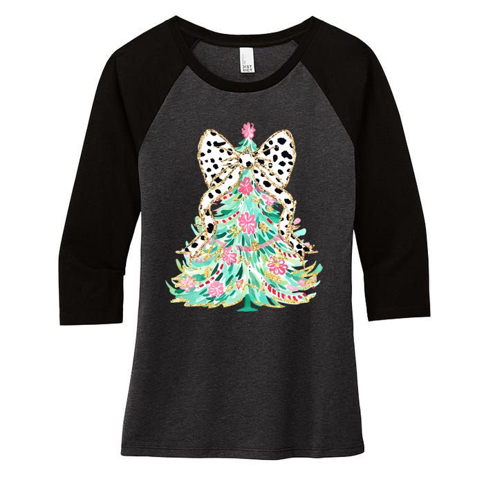 Floral Christmas Tree Leopard Coquette Bow Christmas Tree Sweat Women's Tri-Blend 3/4-Sleeve Raglan Shirt