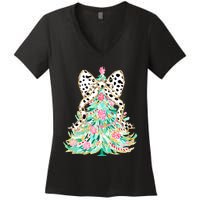 Floral Christmas Tree Leopard Coquette Bow Christmas Tree Sweat Women's V-Neck T-Shirt