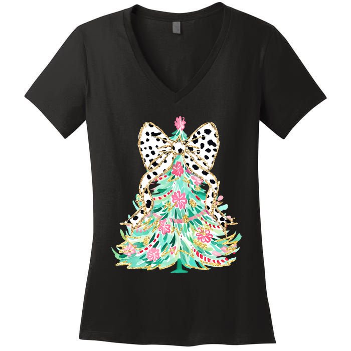 Floral Christmas Tree Leopard Coquette Bow Christmas Tree Sweat Women's V-Neck T-Shirt