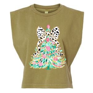 Floral Christmas Tree Leopard Coquette Bow Christmas Tree Sweat Garment-Dyed Women's Muscle Tee