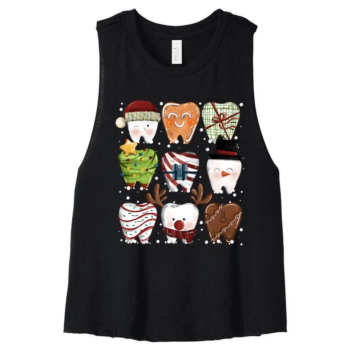 Funny Christmas Teeth Dental Dentist Santa Reindeer Snowman Gingerbread Women's Racerback Cropped Tank