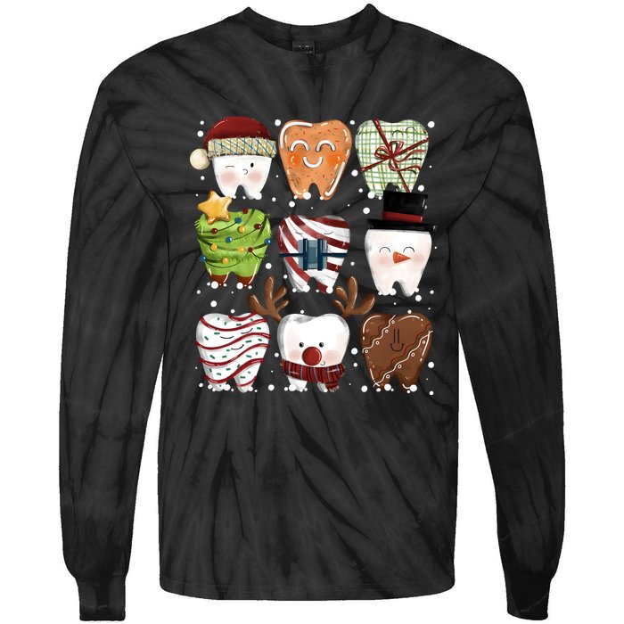 Funny Christmas Teeth Dental Dentist Santa Reindeer Snowman Gingerbread Tie-Dye Long Sleeve Shirt