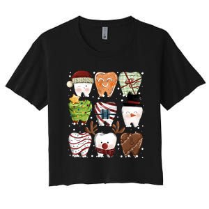 Funny Christmas Teeth Dental Dentist Santa Reindeer Snowman Gingerbread Women's Crop Top Tee