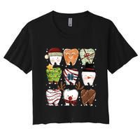 Funny Christmas Teeth Dental Dentist Santa Reindeer Snowman Gingerbread Women's Crop Top Tee