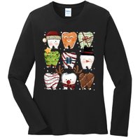 Funny Christmas Teeth Dental Dentist Santa Reindeer Snowman Gingerbread Ladies Long Sleeve Shirt