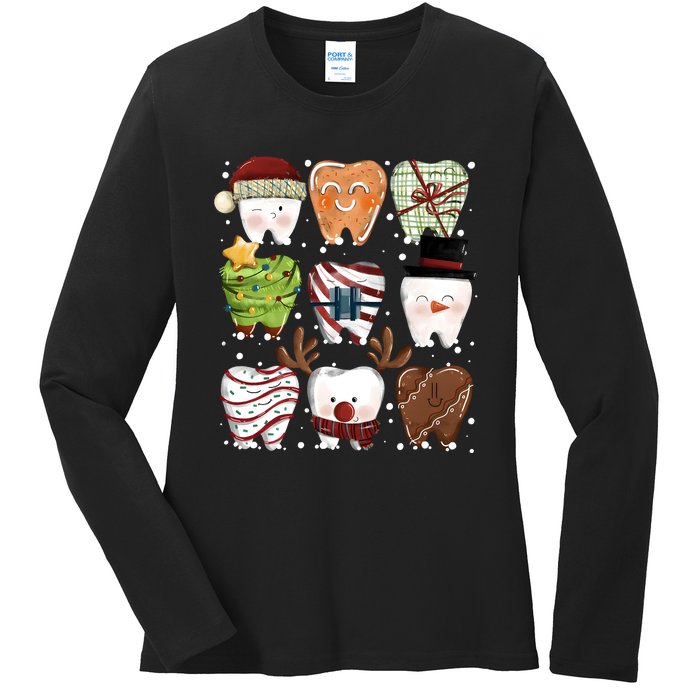 Funny Christmas Teeth Dental Dentist Santa Reindeer Snowman Gingerbread Ladies Long Sleeve Shirt