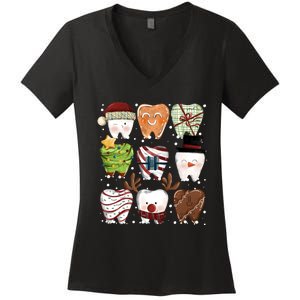 Funny Christmas Teeth Dental Dentist Santa Reindeer Snowman Gingerbread Women's V-Neck T-Shirt