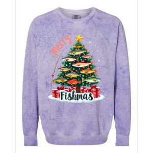 Funny Christmas Tree Lights Fish Fishing Rod Merry Fishmas Gift Colorblast Crewneck Sweatshirt