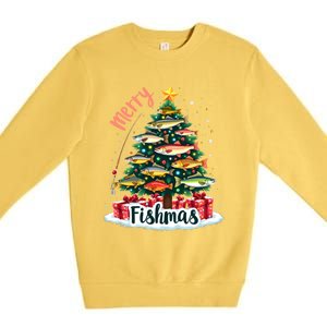 Funny Christmas Tree Lights Fish Fishing Rod Merry Fishmas Gift Premium Crewneck Sweatshirt