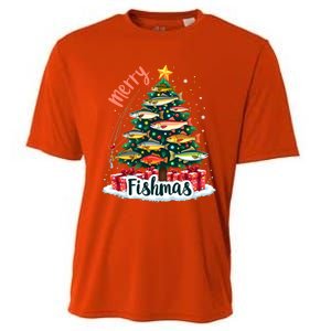 Funny Christmas Tree Lights Fish Fishing Rod Merry Fishmas Gift Cooling Performance Crew T-Shirt