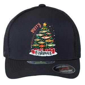 Funny Christmas Tree Lights Fish Fishing Rod Merry Fishmas Gift Flexfit Unipanel Trucker Cap