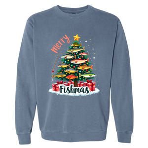 Funny Christmas Tree Lights Fish Fishing Rod Merry Fishmas Gift Garment-Dyed Sweatshirt