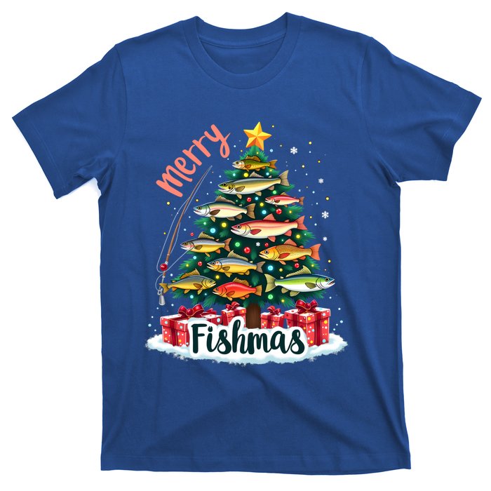 Funny Christmas Tree Lights Fish Fishing Rod Merry Fishmas Gift T-Shirt