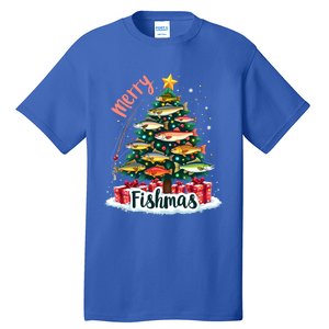 Funny Christmas Tree Lights Fish Fishing Rod Merry Fishmas Gift Tall T-Shirt