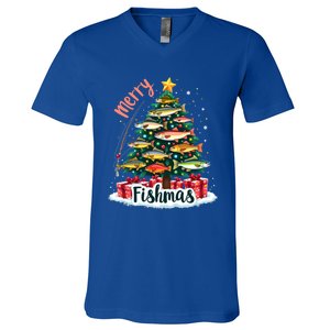 Funny Christmas Tree Lights Fish Fishing Rod Merry Fishmas Gift V-Neck T-Shirt