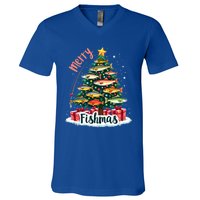 Funny Christmas Tree Lights Fish Fishing Rod Merry Fishmas Gift V-Neck T-Shirt