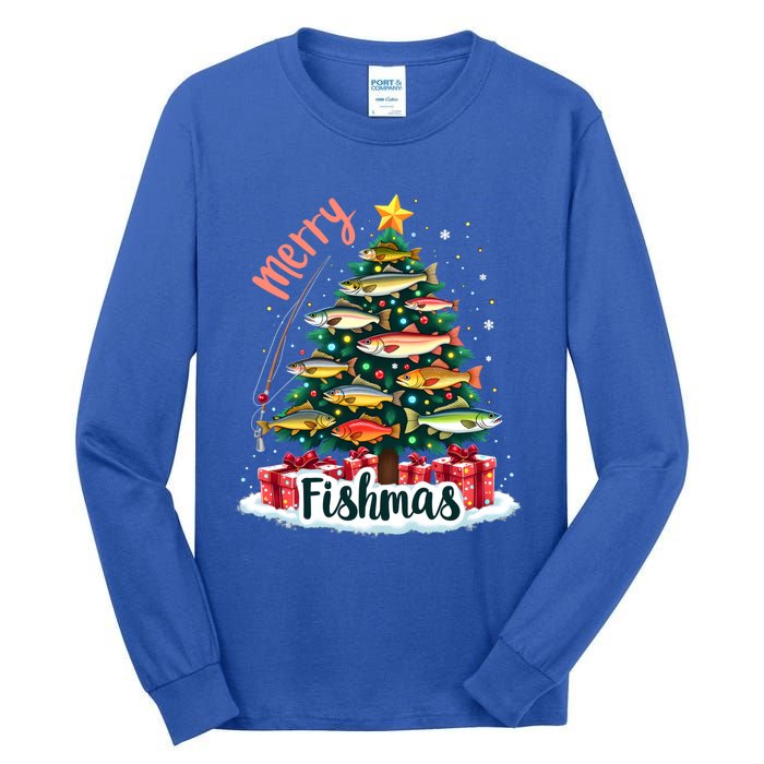 Funny Christmas Tree Lights Fish Fishing Rod Merry Fishmas Gift Tall Long Sleeve T-Shirt