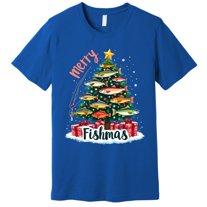 Funny Christmas Tree Lights Fish Fishing Rod Merry Fishmas Gift Premium T-Shirt