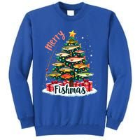 Funny Christmas Tree Lights Fish Fishing Rod Merry Fishmas Gift Tall Sweatshirt