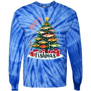 Funny Christmas Tree Lights Fish Fishing Rod Merry Fishmas Gift Tie-Dye Long Sleeve Shirt