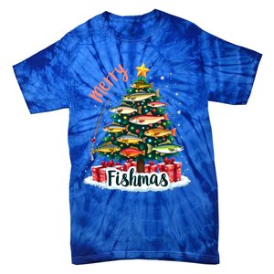 Funny Christmas Tree Lights Fish Fishing Rod Merry Fishmas Gift Tie-Dye T-Shirt