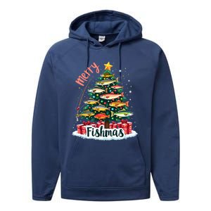 Funny Christmas Tree Lights Fish Fishing Rod Merry Fishmas Gift Performance Fleece Hoodie