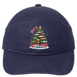 Funny Christmas Tree Lights Fish Fishing Rod Merry Fishmas Gift 7-Panel Snapback Hat