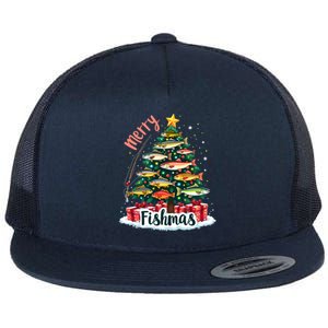 Funny Christmas Tree Lights Fish Fishing Rod Merry Fishmas Gift Flat Bill Trucker Hat