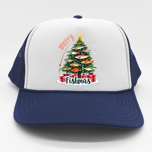 Funny Christmas Tree Lights Fish Fishing Rod Merry Fishmas Gift Trucker Hat