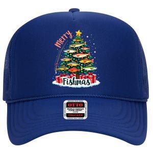 Funny Christmas Tree Lights Fish Fishing Rod Merry Fishmas Gift High Crown Mesh Back Trucker Hat