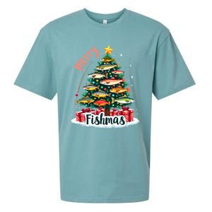 Funny Christmas Tree Lights Fish Fishing Rod Merry Fishmas Gift Sueded Cloud Jersey T-Shirt