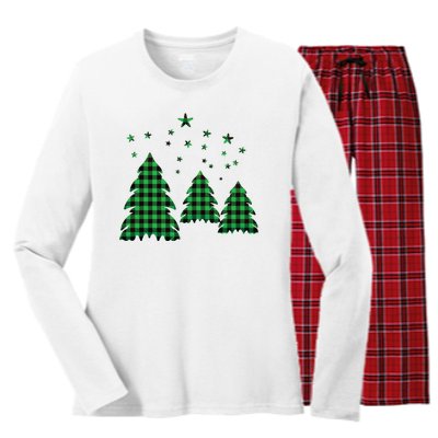 Festive Christmas Trees Pattern Women's Long Sleeve Flannel Pajama Set 