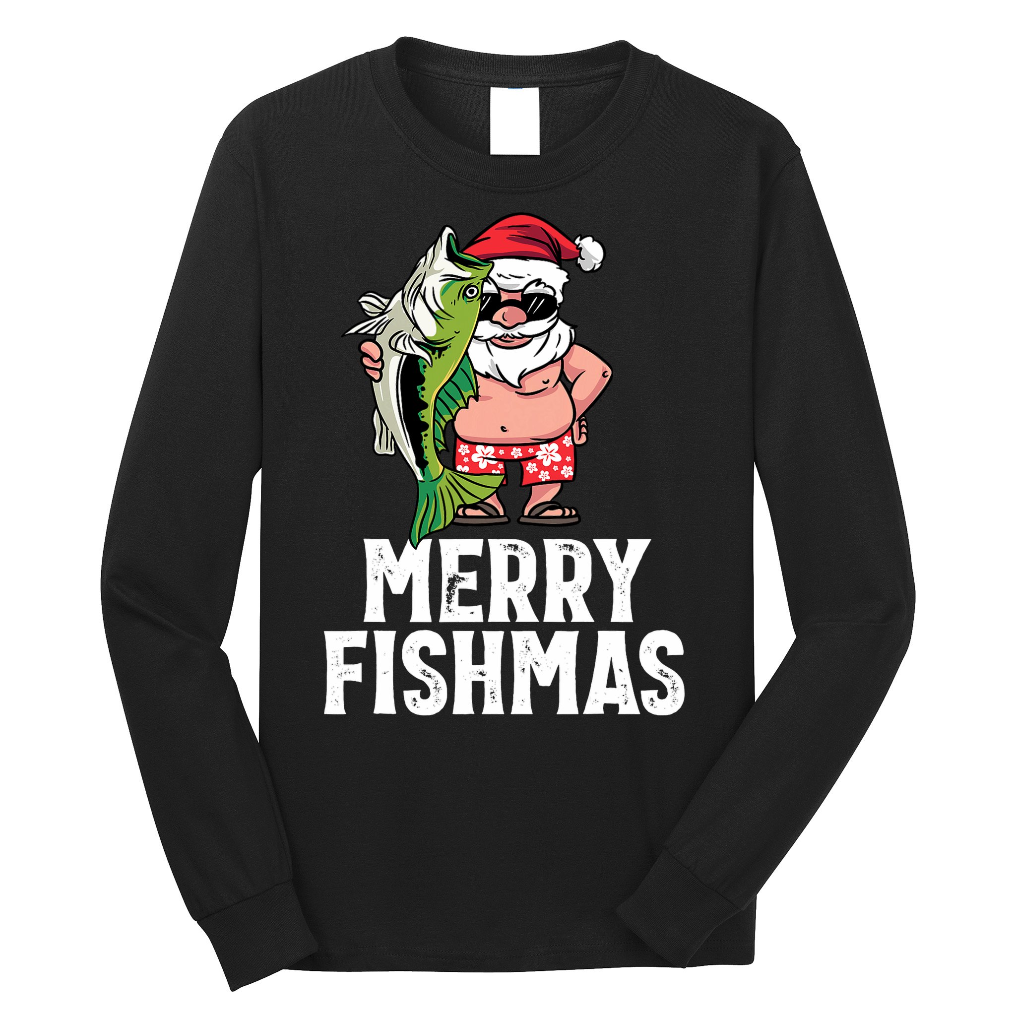 Funny Christmas Themed Bass Fishing Gift Merry Fishmas Long Sleeve Shirt