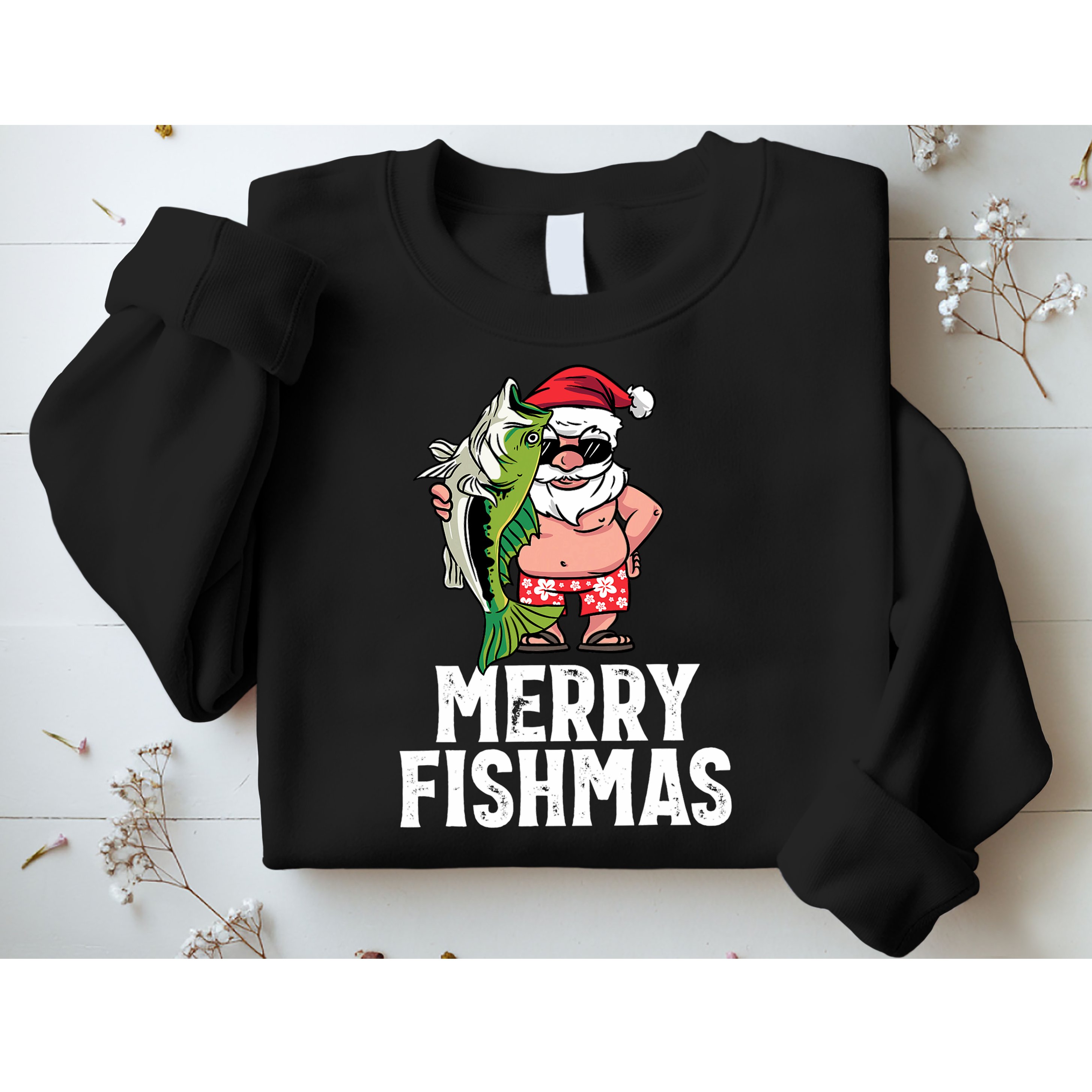 Funny Christmas Themed Bass Fishing Gift Merry Fishmas Sweatshirt