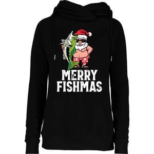 Funny Christmas Themed Bass Fishing Gift Merry Fishmas Womens Funnel Neck Pullover Hood