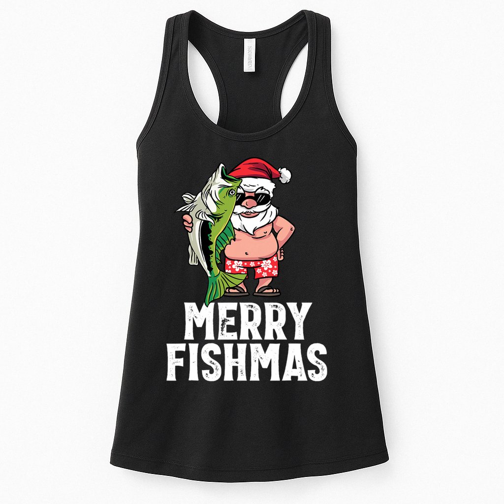 Funny Christmas Themed Bass Fishing Gift Merry Fishmas Womens Tank Top