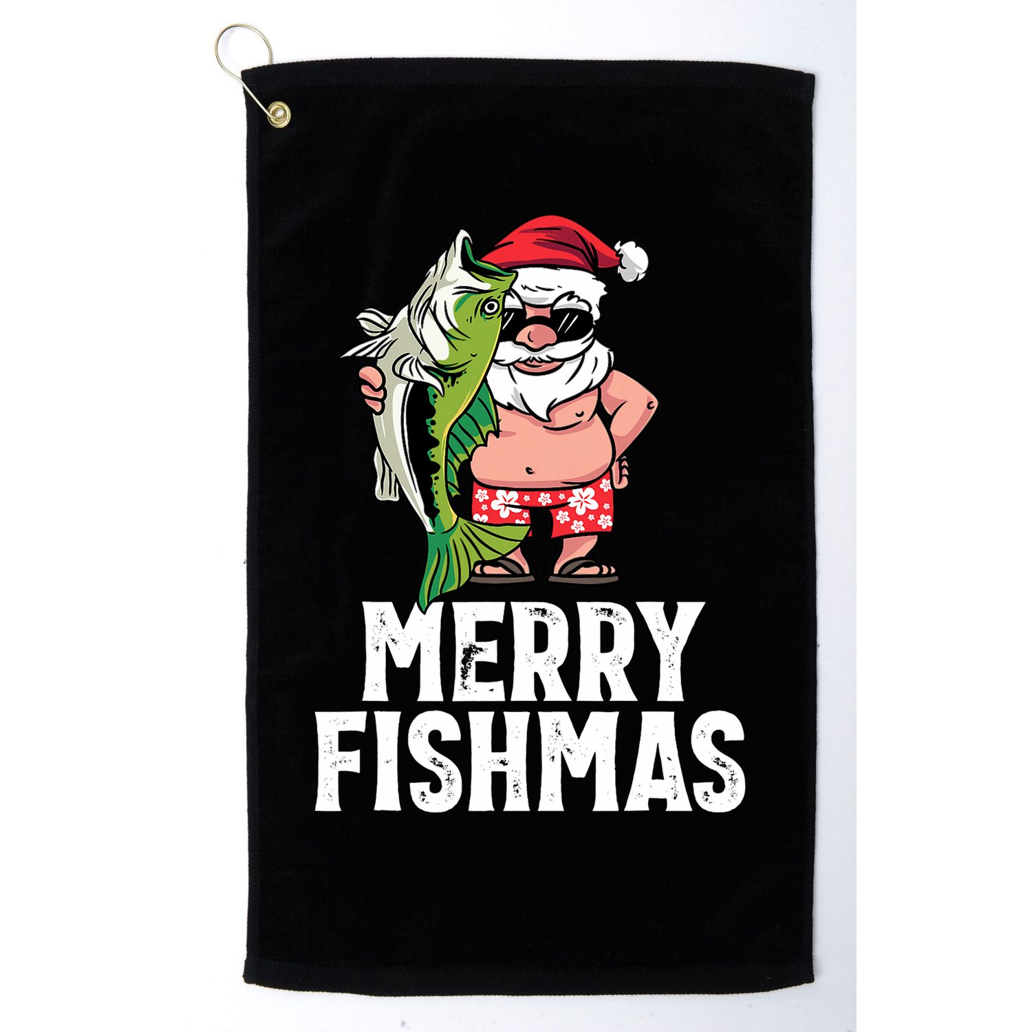 Funny Christmas Themed Bass Fishing Gift Merry Fishmas Golf Towel