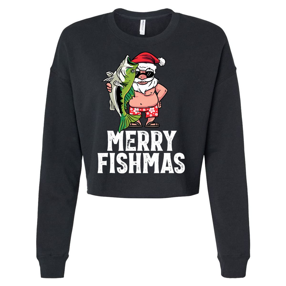 Funny Christmas Themed Bass Fishing Gift Merry Fishmas Cropped Pullover Crew