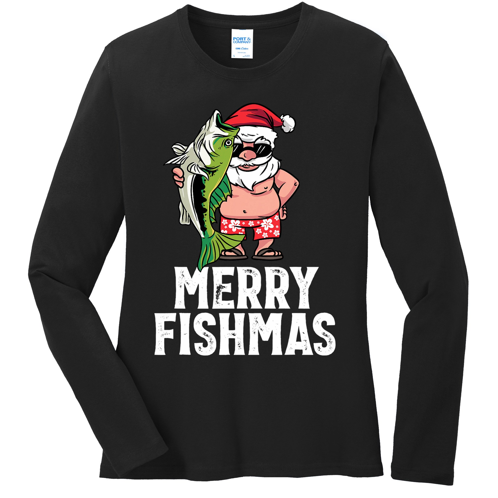 Funny Christmas Themed Bass Fishing Gift Merry Fishmas Ladies Long Sleeve Shirt