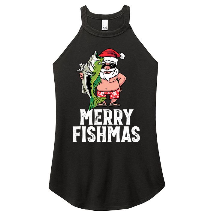 Funny Christmas Themed Bass Fishing Gift Merry Fishmas Women's Perfect Tri Rocker Tank