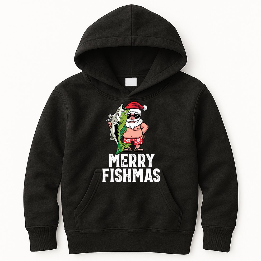 Funny Christmas Themed Bass Fishing Gift Merry Fishmas Kids Hoodie