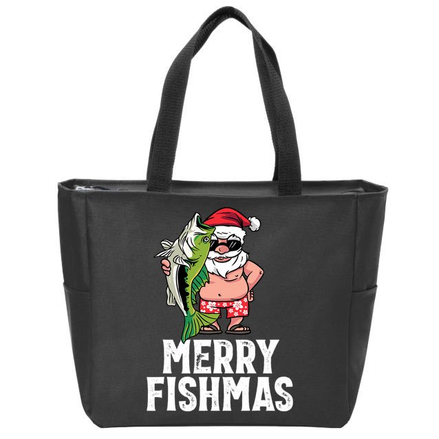 Funny Christmas Themed Bass Fishing Gift Merry Fishmas Zip Tote Bag
